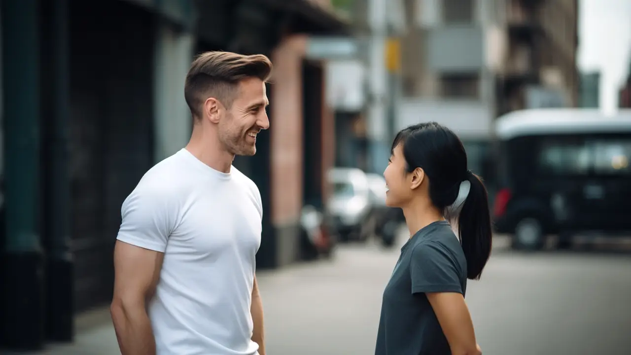 A man and a woman standing on a street, smiling at each other in conversation. The man is wearing a white t-shirt and the woman is in a gray shirt, both in a casual urban setting.