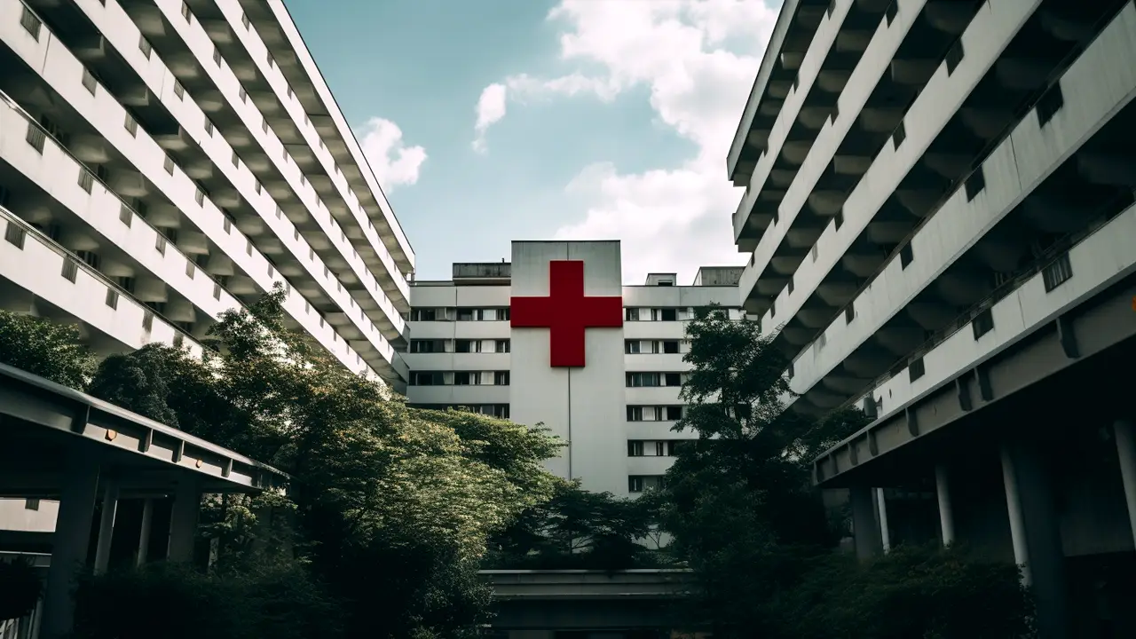 A building with a large red cross sign, indicating a hospital or medical facility, surrounded by greenery with a clear sky above.