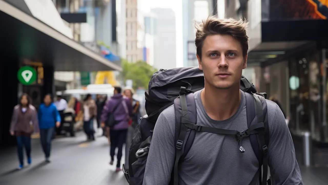 A young man with a backpack standing on a busy city sidewalk, looking pensively ahead, with pedestrians and city buildings in the background.