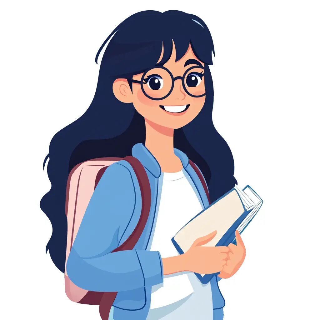 Friendly illustration of an enthusiastic student ready to learn Mandarin Chinese online - wearing glasses and blue jacket, holding textbooks and backpack - personalized Chinese learning journey