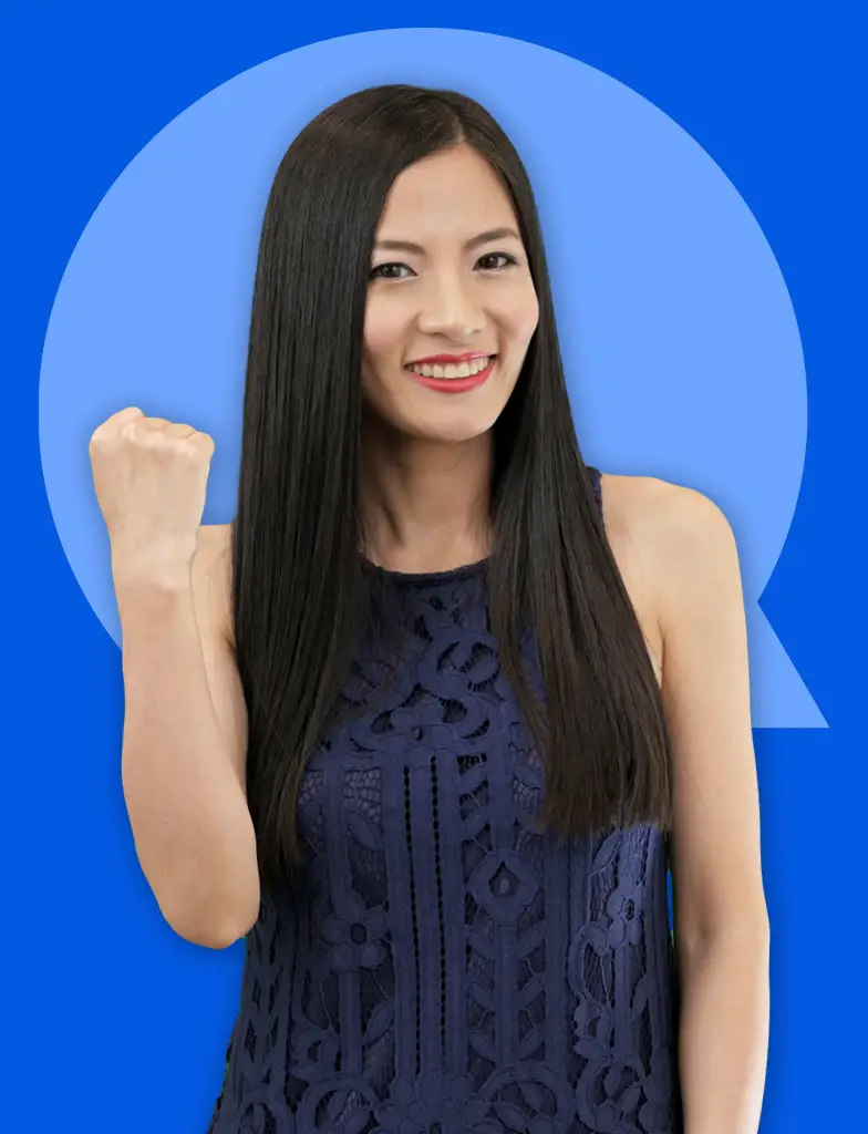 Lili Hao, expert Mandarin Chinese teacher and founder of ChineseFor.Us, demonstrates enthusiastic teaching style against blue background - trusted online resource for learning Mandarin Chinese with professional instruction