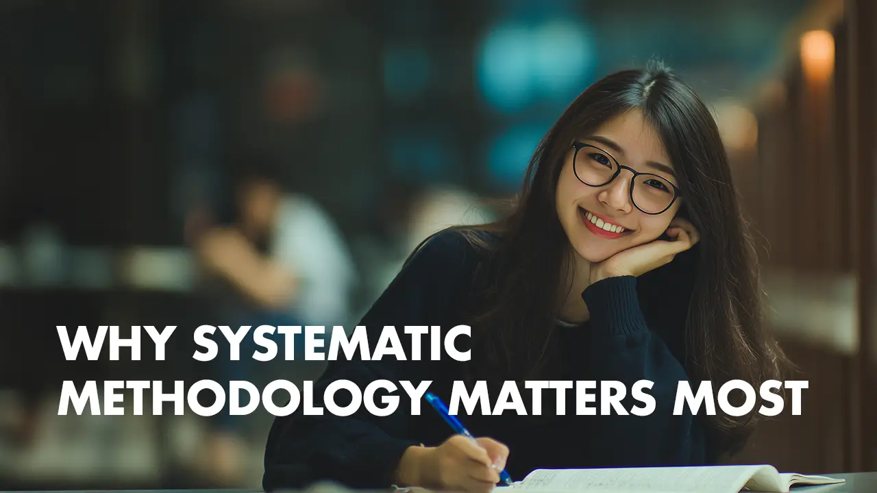 Smiling Asian student studying Chinese with a notebook, representing the importance of systematic methodology in Mandarin language learning