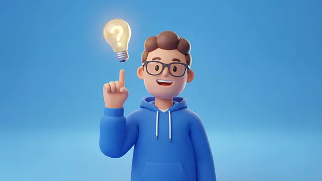 Cheerful 3D character with lightbulb above head representing bright ideas and helpful answers to frequently asked questions