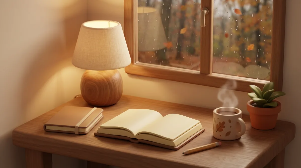 Illustration of a cozy study desk by a window with an open book, a notebook, a pencil, a small lamp, and a steaming mug, representing the daily study routine that adds up to thousands of hours.