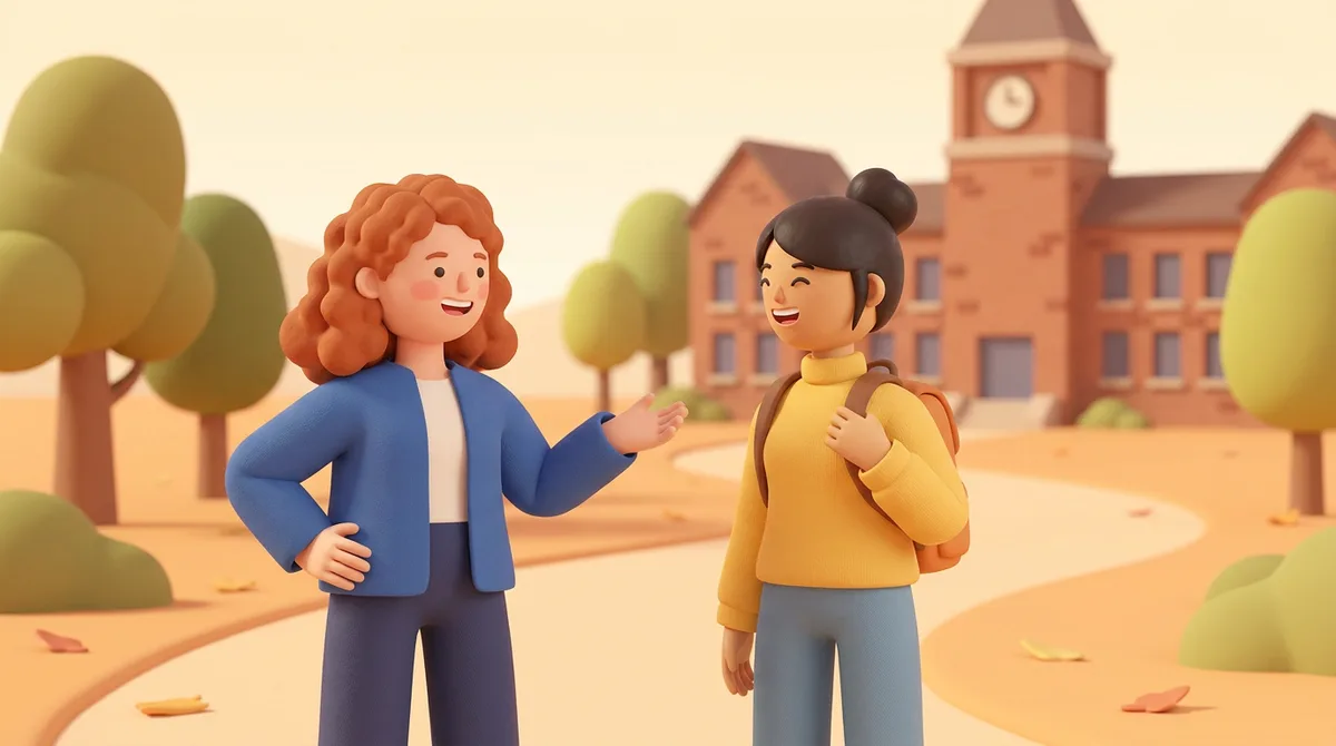 Illustration of two college students smiling and talking on a tree-lined university campus path, the kind of real conversation where second and third tones blur in connected speech.