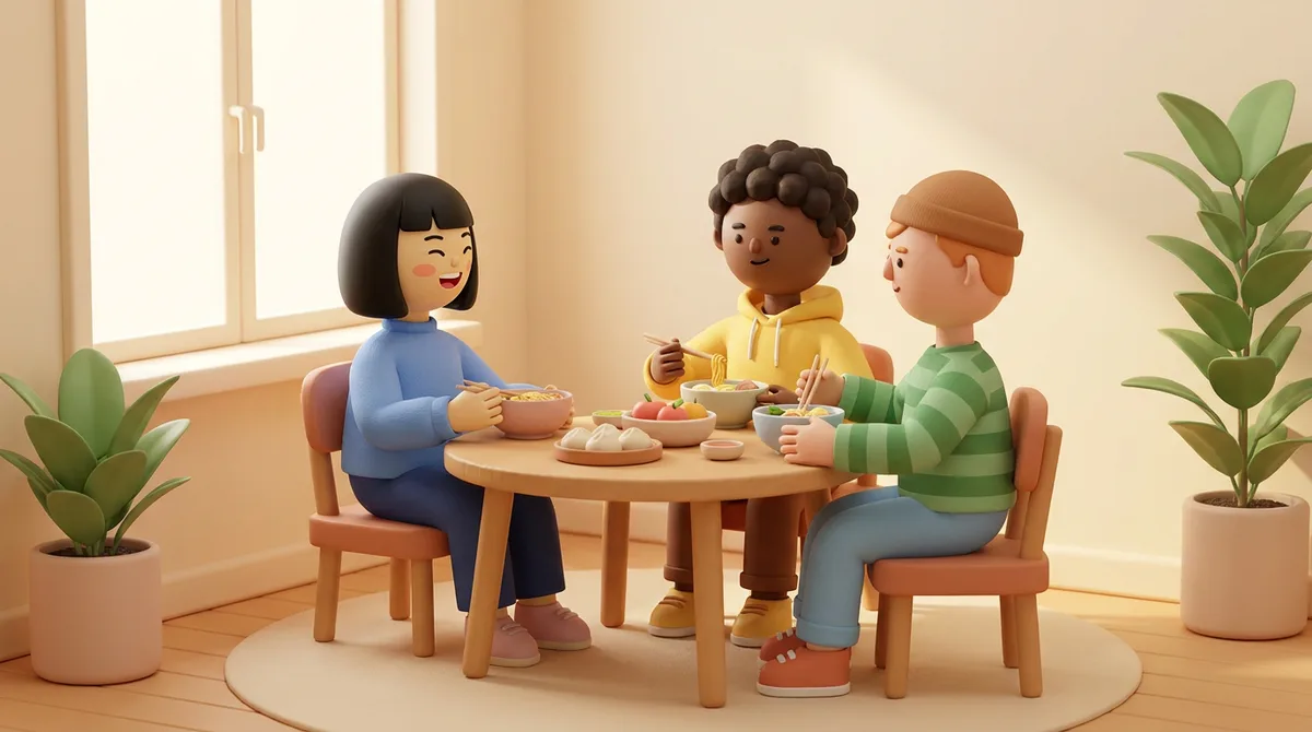 Illustration of three friends sitting around a small round table sharing a meal and talking, representing the kind of unscripted exchange that exposes the gap between HSK vocabulary and real spoken Chinese.