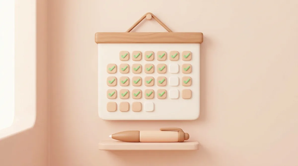 Illustration of a wall calendar with most days marked by small green checkmarks and a few blank squares, showing what consistent Chinese practice actually looks like over a month.