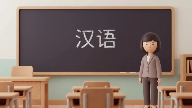 Mandarin teacher next to a chalkboard reading 汉语 (Chinese)