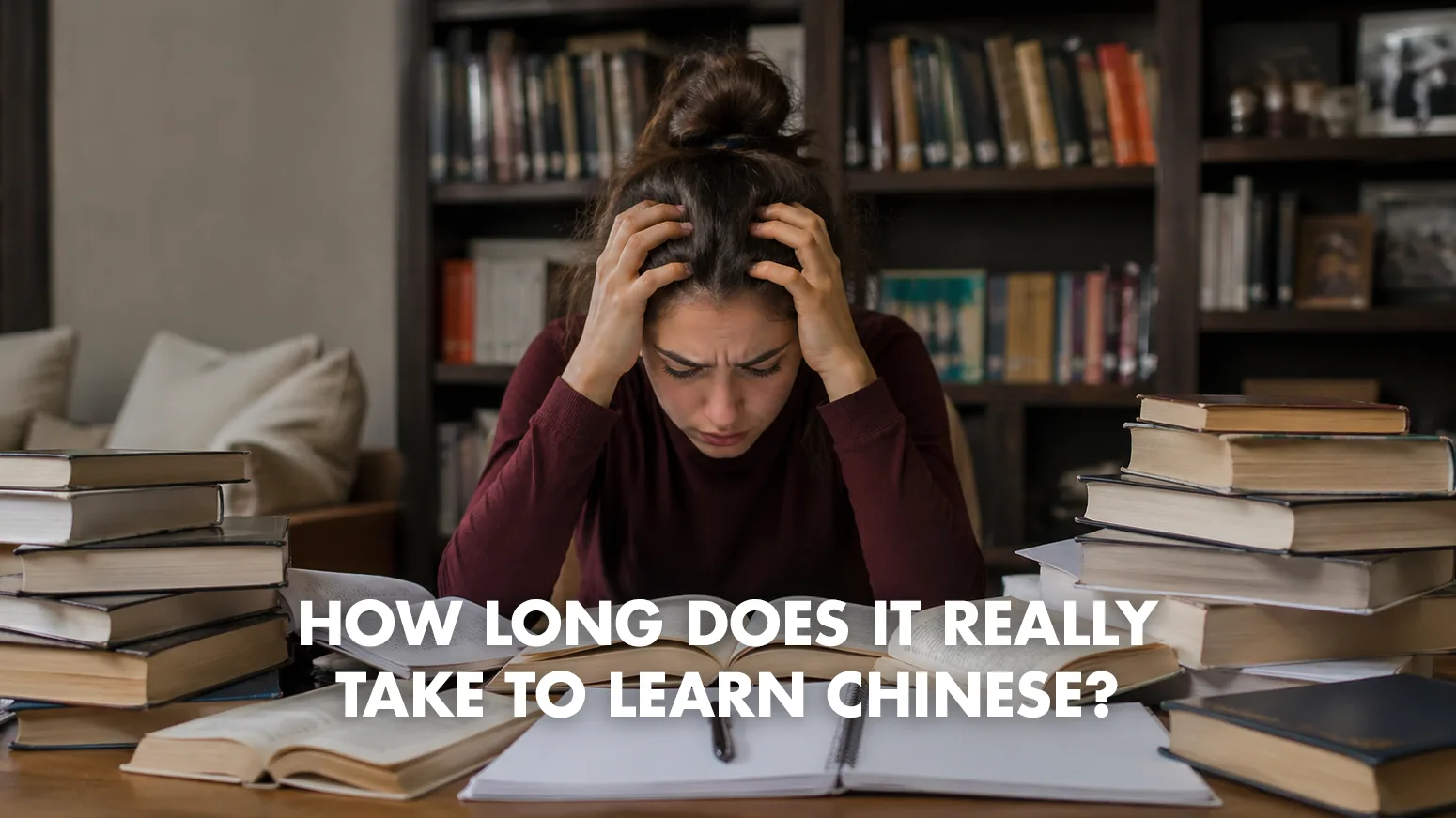 A frustrated learner sitting at a desk holding her head, surrounded by tall stacks of open books, with the article title "How long does it really take to learn Chinese?" overlaid across the image.