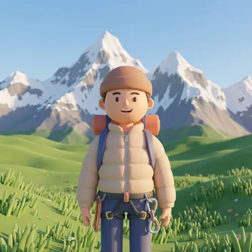 Cartoon climber in a meadow at the foot of snowy mountains, starting their journey