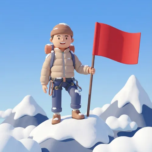 Cartoon climber standing victoriously on a snowy summit holding a red flag