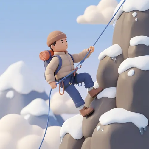 Cartoon climber scaling a snowy rock face with rope and harness
