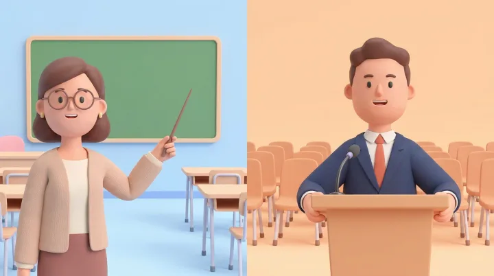3D cartoon split scene: a teacher in glasses pointing to a green chalkboard in a classroom on the left, and a businessman in a navy suit speaking at a podium to an auditorium on the right