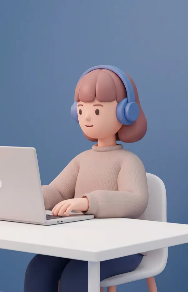 Cute 3D illustration of a smiling student studying Chinese with a book and laptop