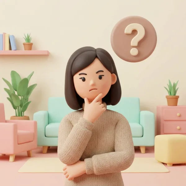 3D cartoon woman with a thoughtful expression, hand on chin, standing in a pastel living room with a question mark icon floating above her head