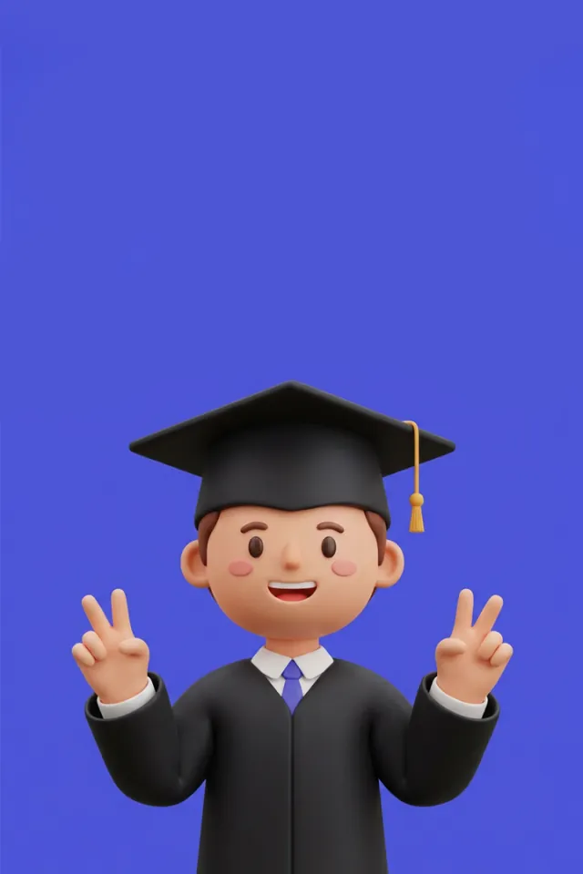 A smiling graduate in cap and gown celebrating exam success