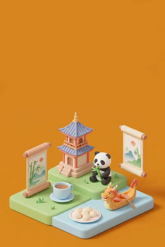 Chinese cultural scene with a pagoda, panda, tea, dumplings, and a dragon boat