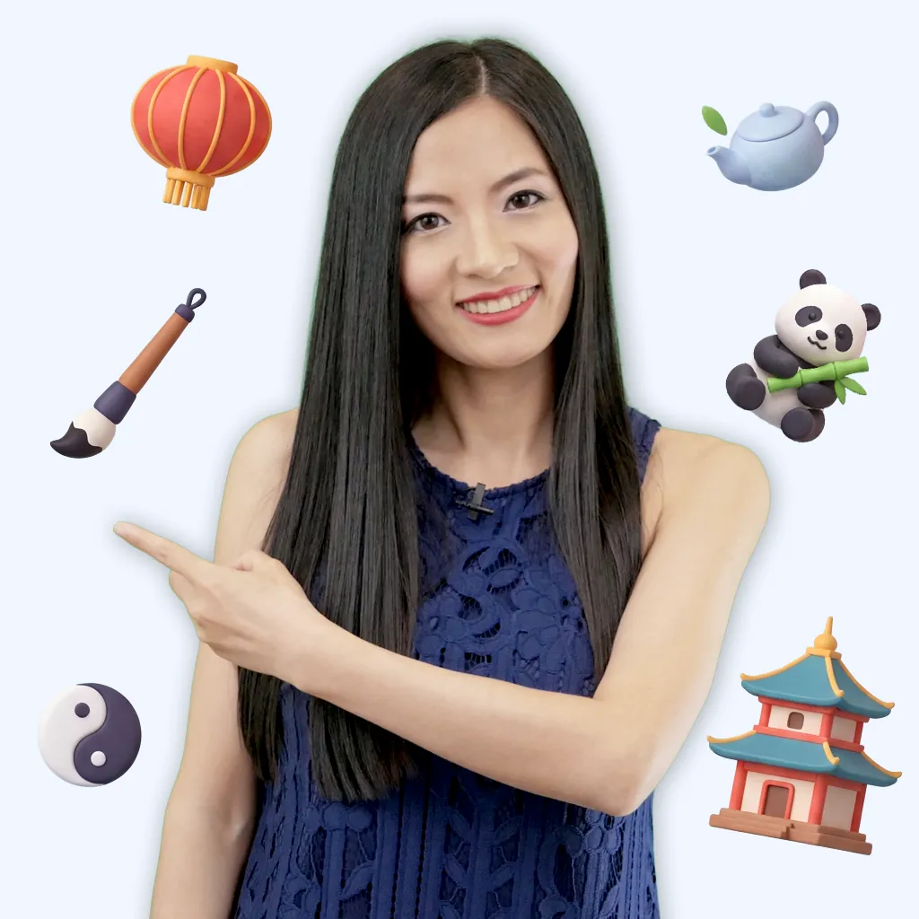 Lili Hao, Mandarin Chinese teacher, surrounded by Chinese culture icons