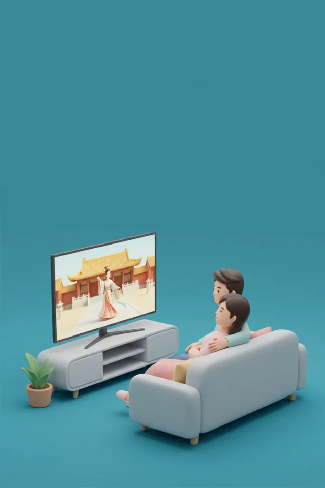 A couple relaxing on the sofa watching a Chinese TV drama