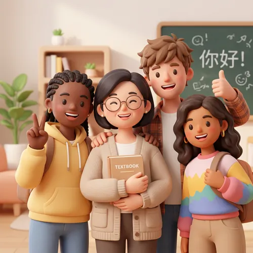 A 3d render of a Chinese teacher and 3 international students