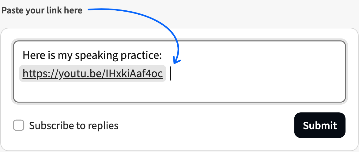 Comment box with a pasted YouTube link, above the Subscribe to replies checkbox and the Submit button.